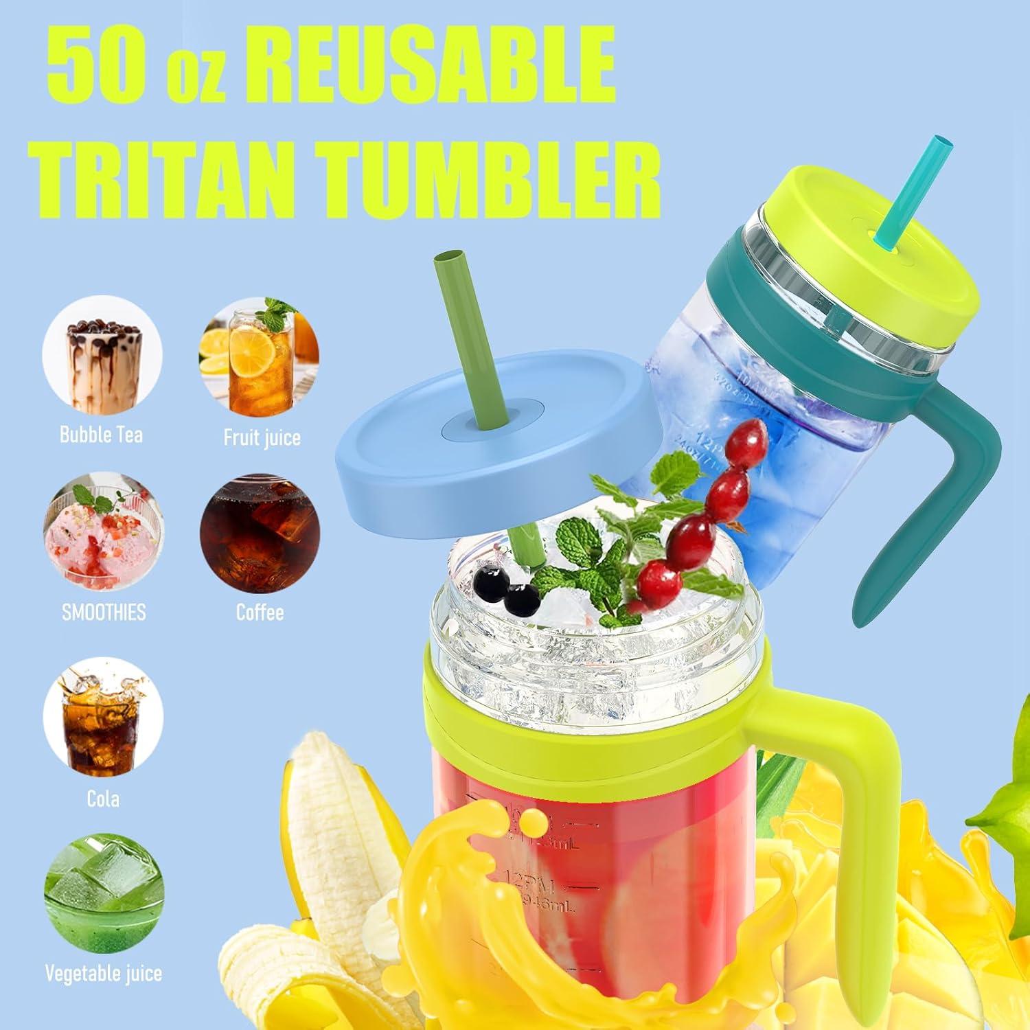 imageTronco 50 oz Tritan Plastic Tumbler with Lid and Straw BPAFree Reusable Clear Water Bottle with Time Marker 100 Leak Proof ampamp Wide Mouth for Iced Coffee Juice Bubble Tea SmoothiesMint teal