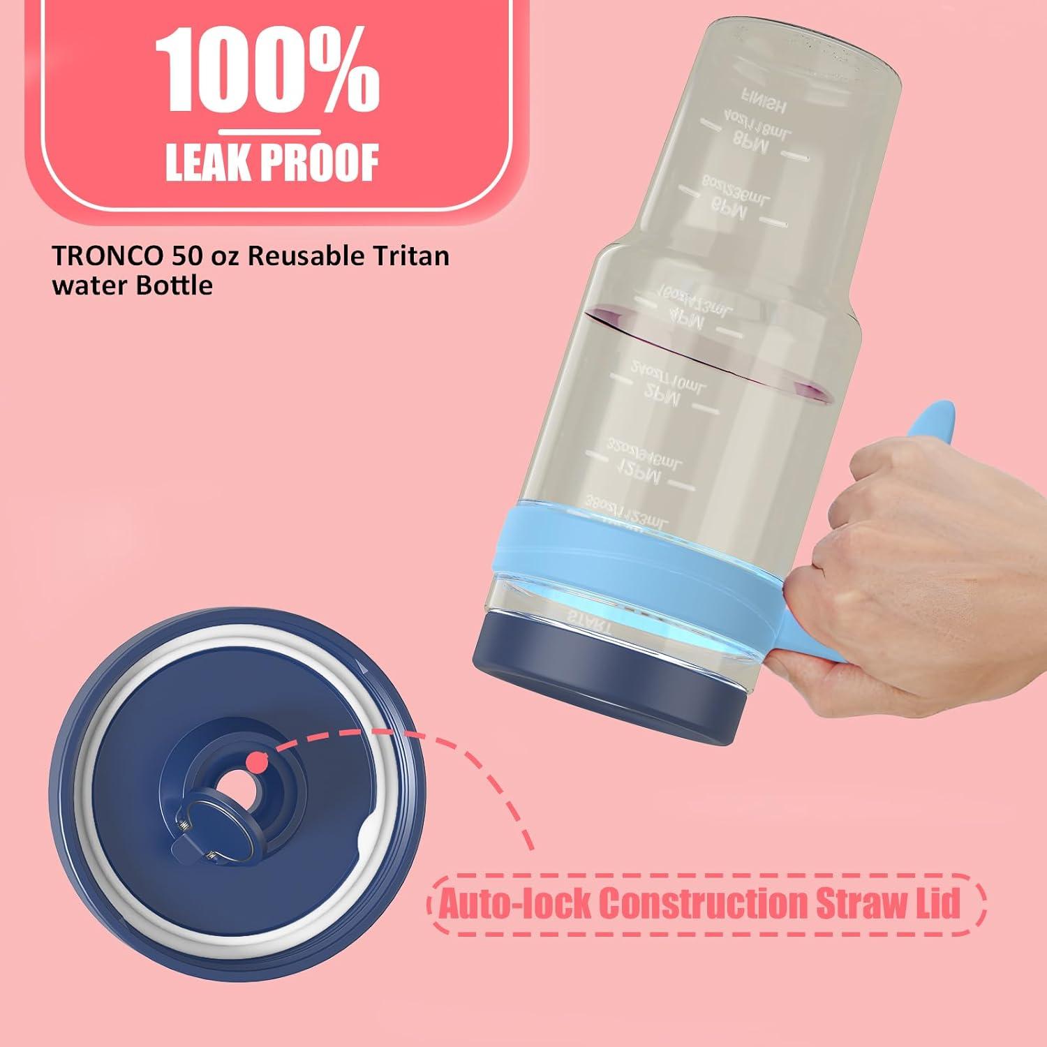 imageTronco 50 oz Tritan Plastic Tumbler with Lid and Straw BPAFree Reusable Clear Water Bottle with Time Marker 100 Leak Proof ampamp Wide Mouth for Iced Coffee Juice Bubble Tea SmoothiesGrayish blue