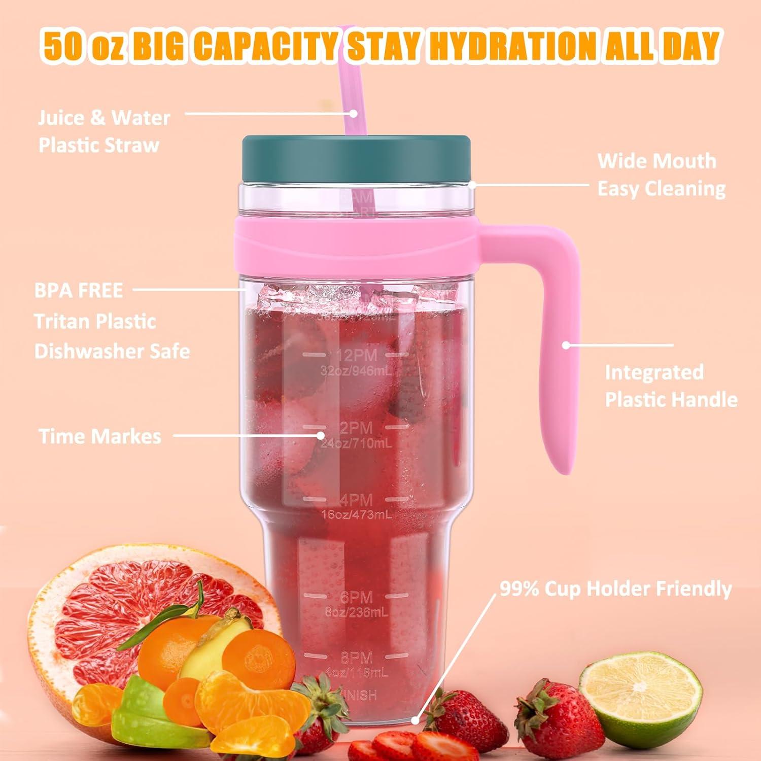 imageTronco 50 oz Tritan Plastic Tumbler with Lid and Straw BPAFree Reusable Clear Water Bottle with Time Marker 100 Leak Proof ampamp Wide Mouth for Iced Coffee Juice Bubble Tea SmoothiesFancy Lilac