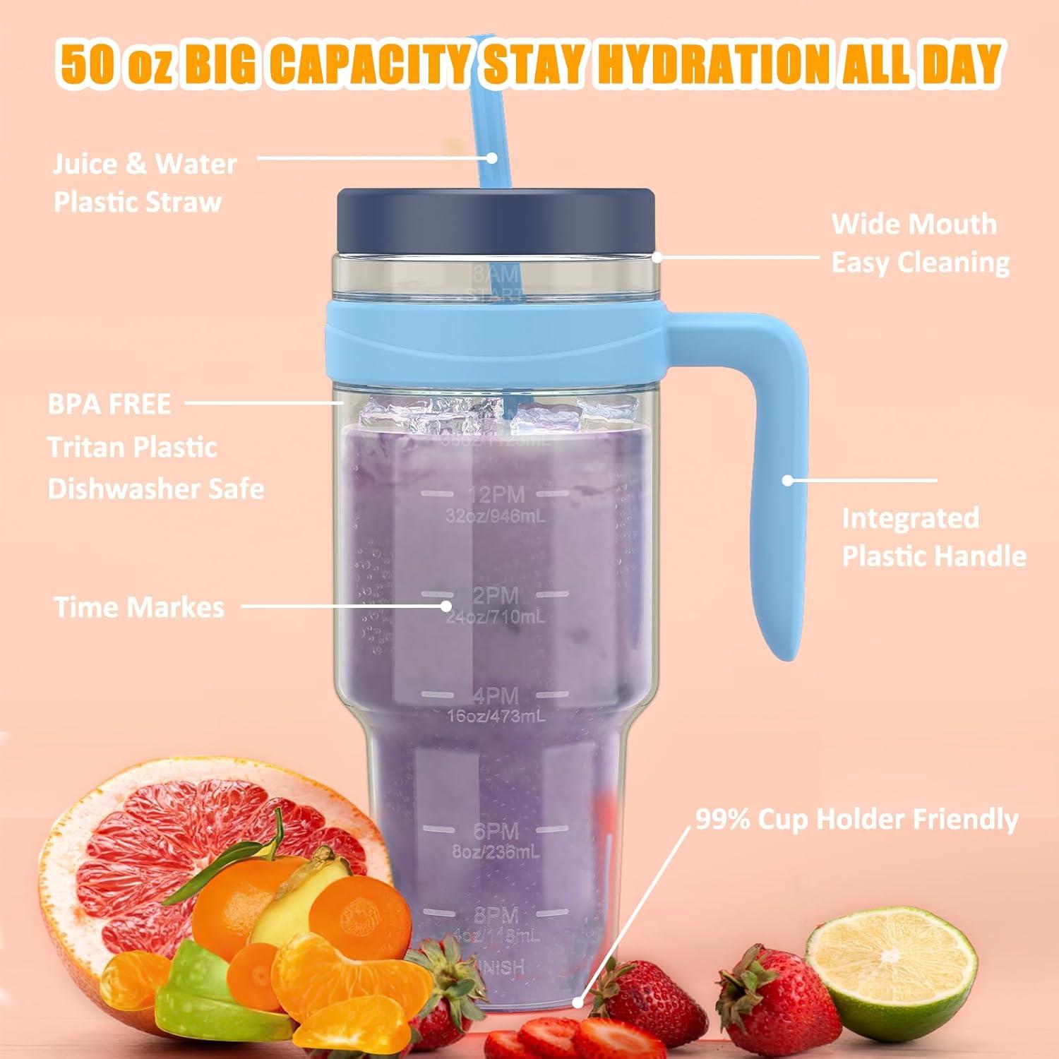 imageTronco 50 oz Tritan Plastic Tumbler with Lid and Straw BPAFree Reusable Clear Water Bottle with Time Marker 100 Leak Proof ampamp Wide Mouth for Iced Coffee Juice Bubble Tea SmoothiesGrayish blue