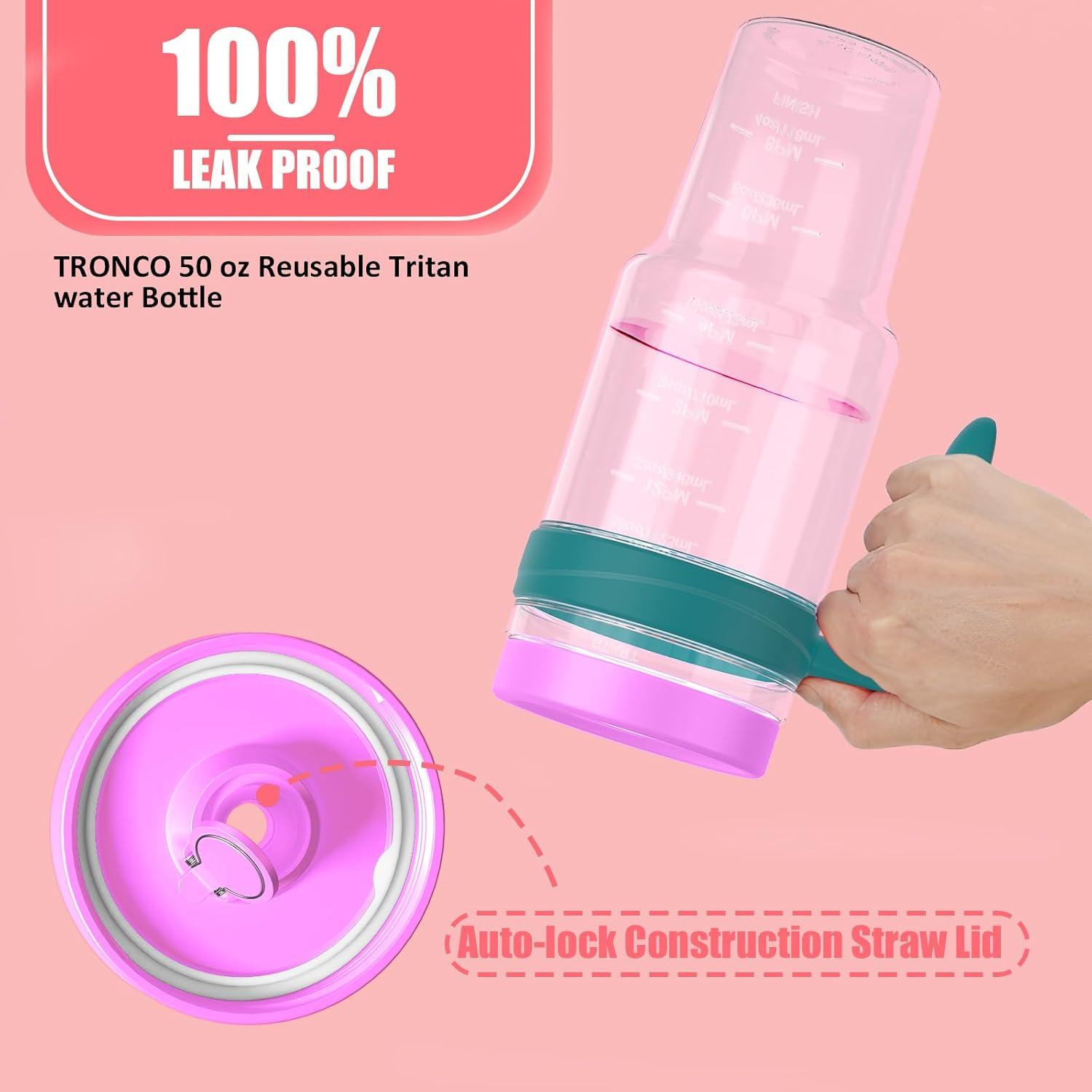 imageTronco 50 oz Tritan Plastic Tumbler with Lid and Straw BPAFree Reusable Clear Water Bottle with Time Marker 100 Leak Proof ampamp Wide Mouth for Iced Coffee Juice Bubble Tea SmoothiesPink 10
