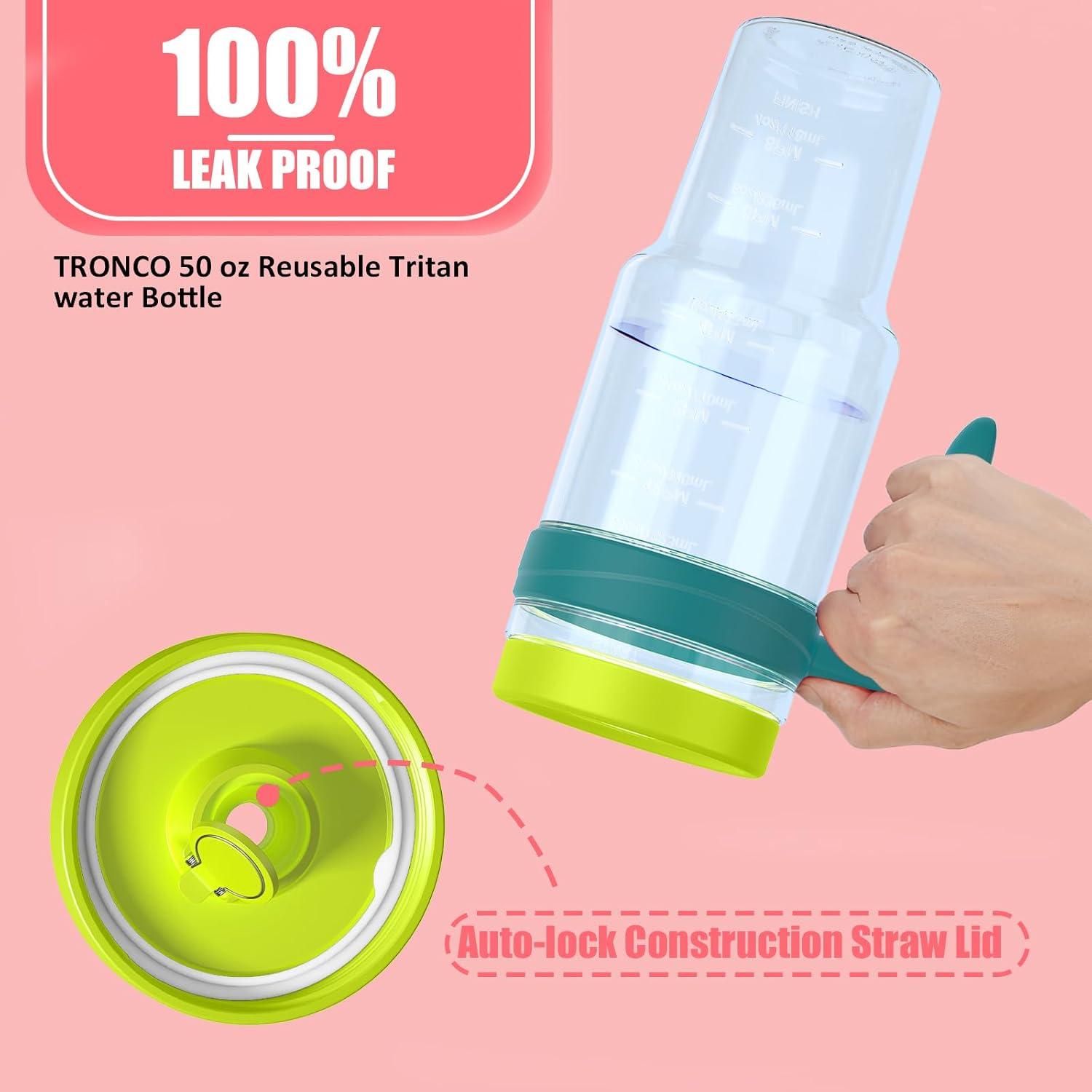 imageTronco 50 oz Tritan Plastic Tumbler with Lid and Straw BPAFree Reusable Clear Water Bottle with Time Marker 100 Leak Proof ampamp Wide Mouth for Iced Coffee Juice Bubble Tea SmoothiesMint teal