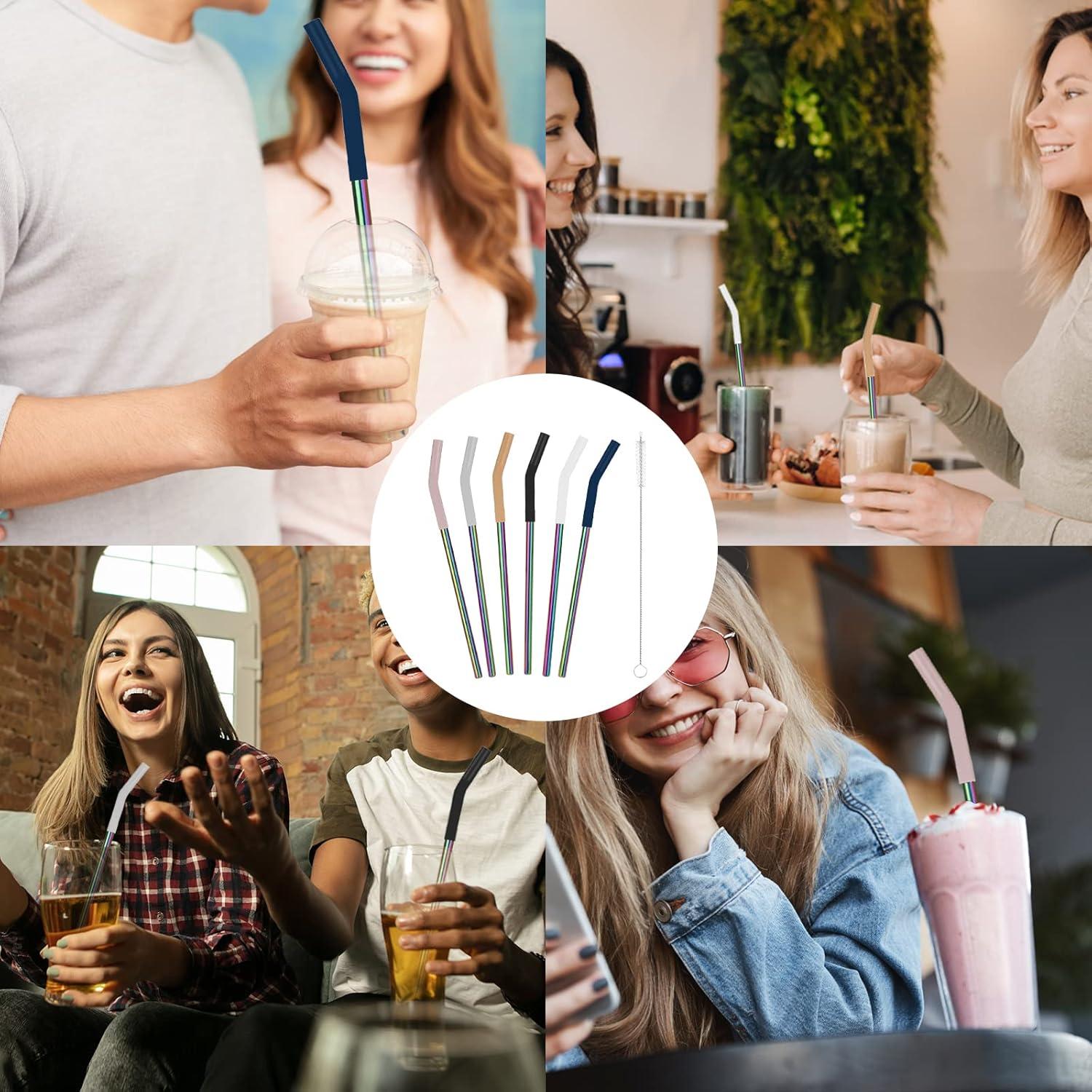 imageTronco Set of 6 Stainless Steel Reusable Metal Straws with Silicone Flex Tips Elbows Cover Metal Drinking Straws for Tronco Tumbler 6 Steel Straws6 Silicone Tips1 Straw Cleaning BrushStainless Iridescence