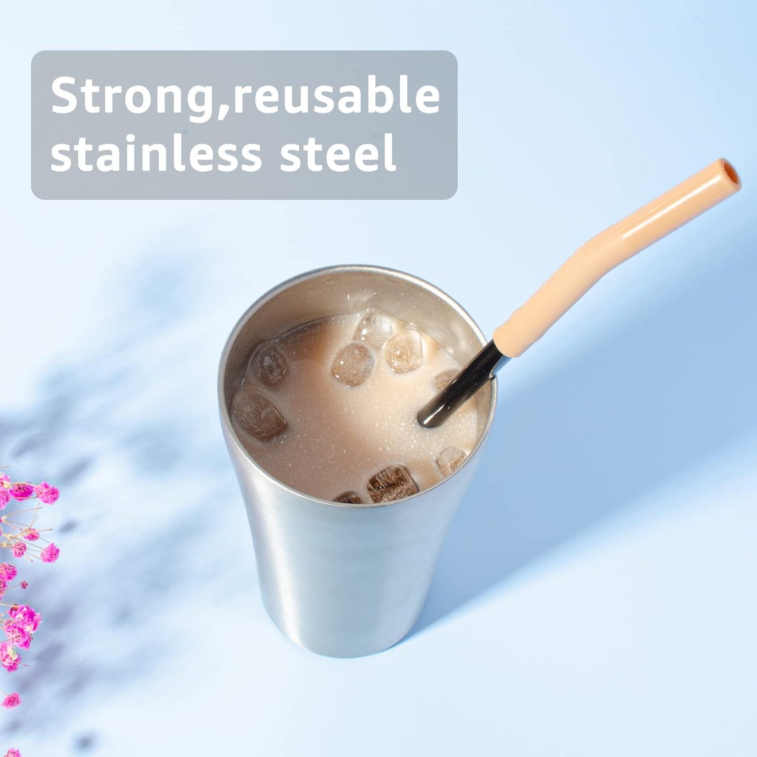 imageTronco Set of 6 Stainless Steel Reusable Metal Straws with Silicone Flex Tips Elbows Cover Metal Drinking Straws for Tronco Tumbler 6 Steel Straws6 Silicone Tips1 Straw Cleaning BrushStainless Back