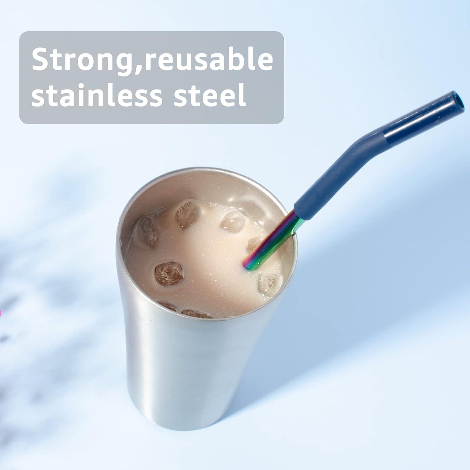 imageTronco Set of 6 Stainless Steel Reusable Metal Straws with Silicone Flex Tips Elbows Cover Metal Drinking Straws for Tronco Tumbler 6 Steel Straws6 Silicone Tips1 Straw Cleaning BrushIridescenceStainless Iridescence