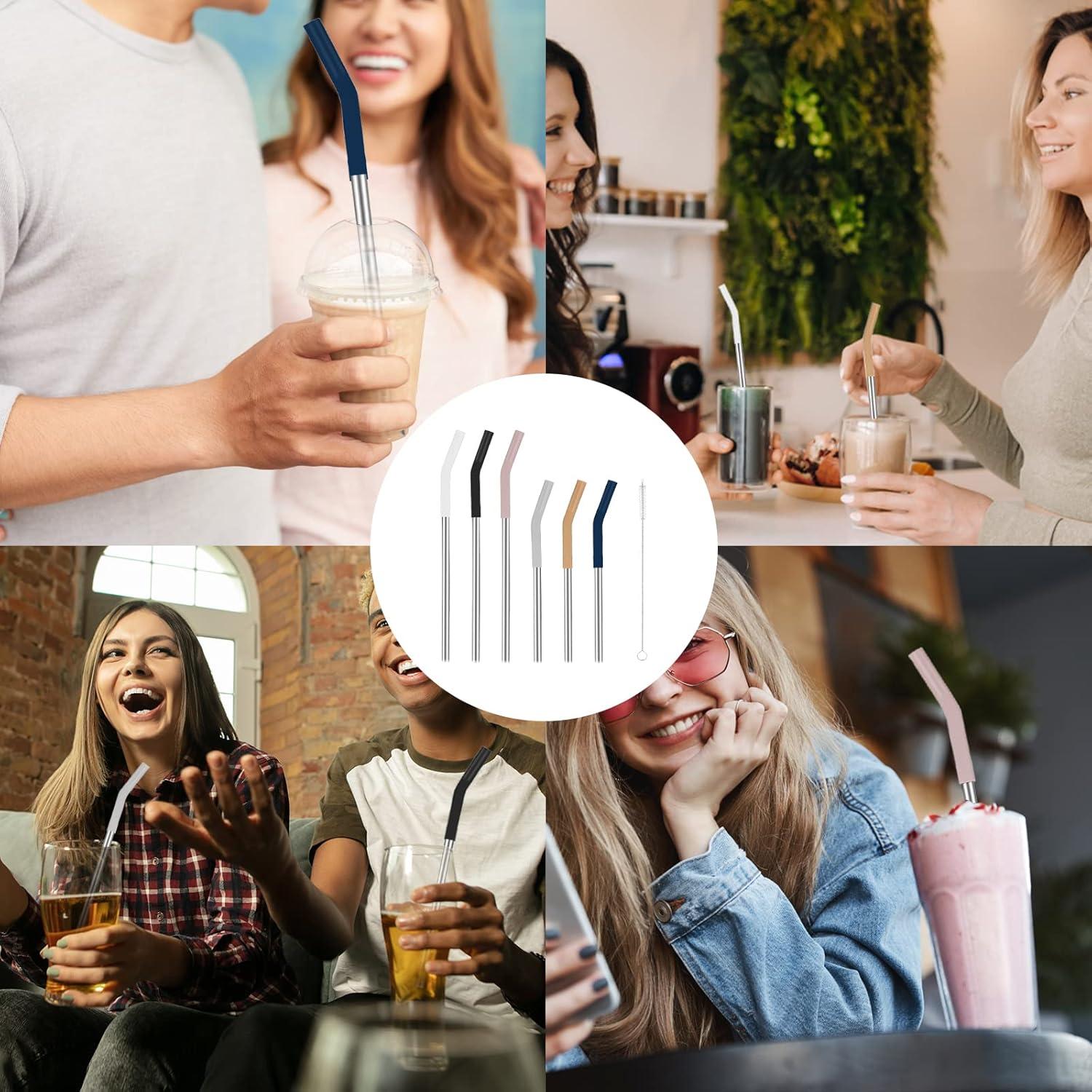 imageTronco Set of 6 Stainless Steel Reusable Metal Straws with Silicone Flex Tips Elbows Cover Metal Drinking Straws for Tronco Tumbler 6 Steel Straws6 Silicone Tips1 Straw Cleaning BrushIridescenceStainless steel straw