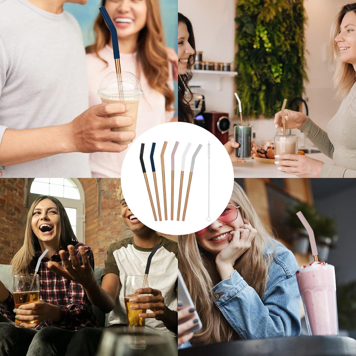 imageTronco Set of 6 Stainless Steel Reusable Metal Straws with Silicone Flex Tips Elbows Cover Metal Drinking Straws for Tronco Tumbler 6 Steel Straws6 Silicone Tips1 Straw Cleaning BrushIridescenceStainless Rose Gold