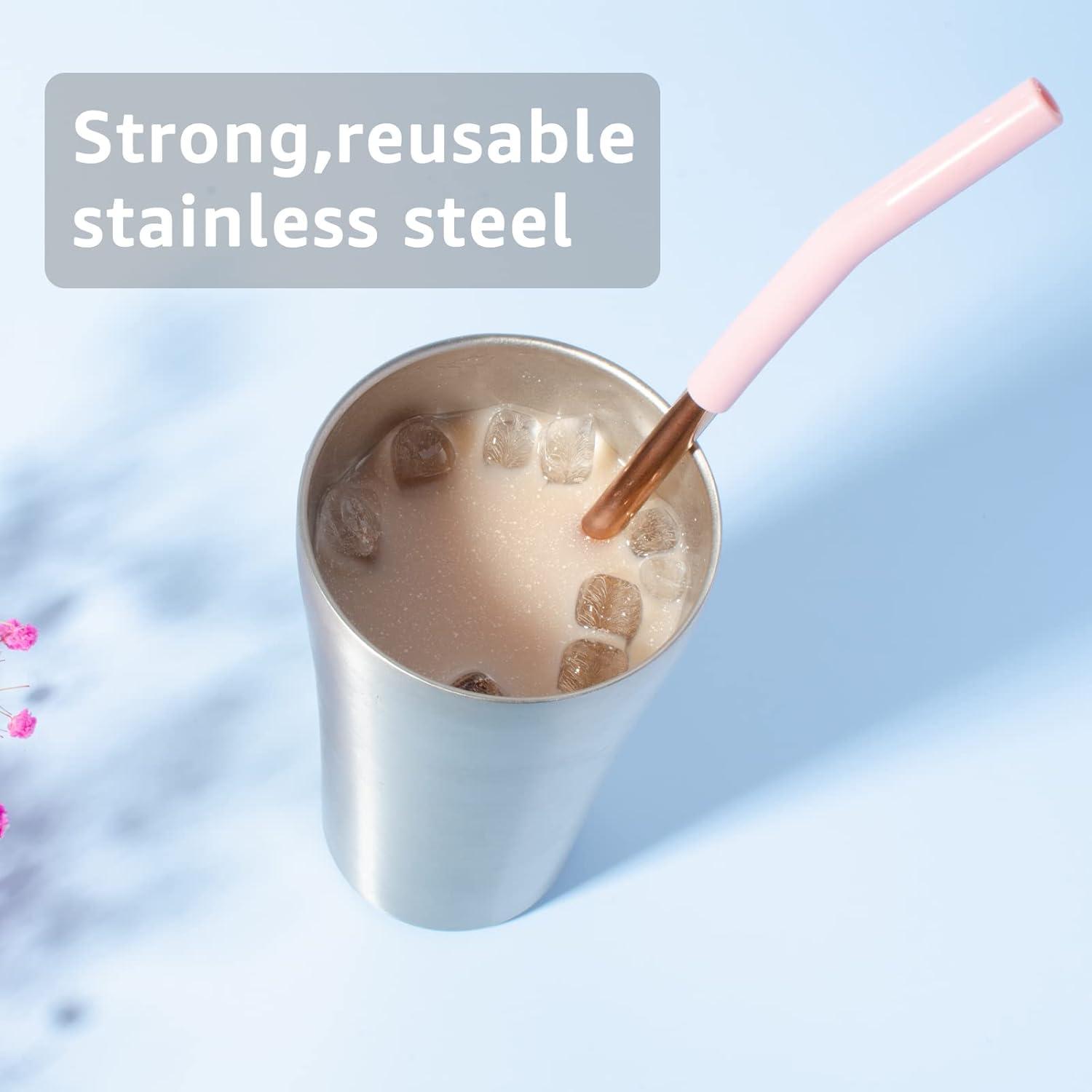 imageTronco Set of 6 Stainless Steel Reusable Metal Straws with Silicone Flex Tips Elbows Cover Metal Drinking Straws for Tronco Tumbler 6 Steel Straws6 Silicone Tips1 Straw Cleaning BrushIridescenceStainless Rose Gold