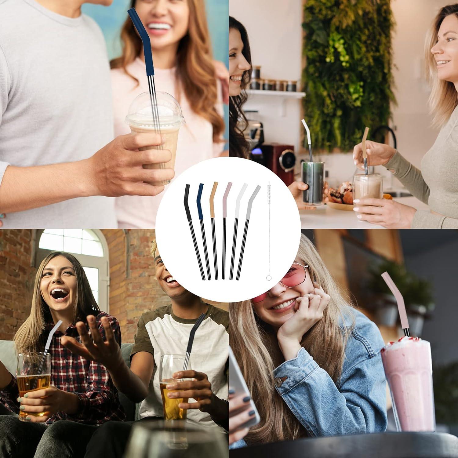 imageTronco Set of 6 Stainless Steel Reusable Metal Straws with Silicone Flex Tips Elbows Cover Metal Drinking Straws for Tronco Tumbler 6 Steel Straws6 Silicone Tips1 Straw Cleaning BrushStainless Back