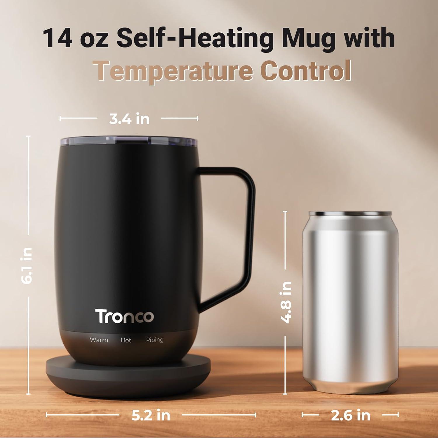 imageTronco Temperature Control Heated Coffee Mug 14 oz  Rechargeable SelfHeating Coffee Mug with Lid  Manual Control 3 Modes 130 Min Battery Life Auto ShutOff BlueWhite
