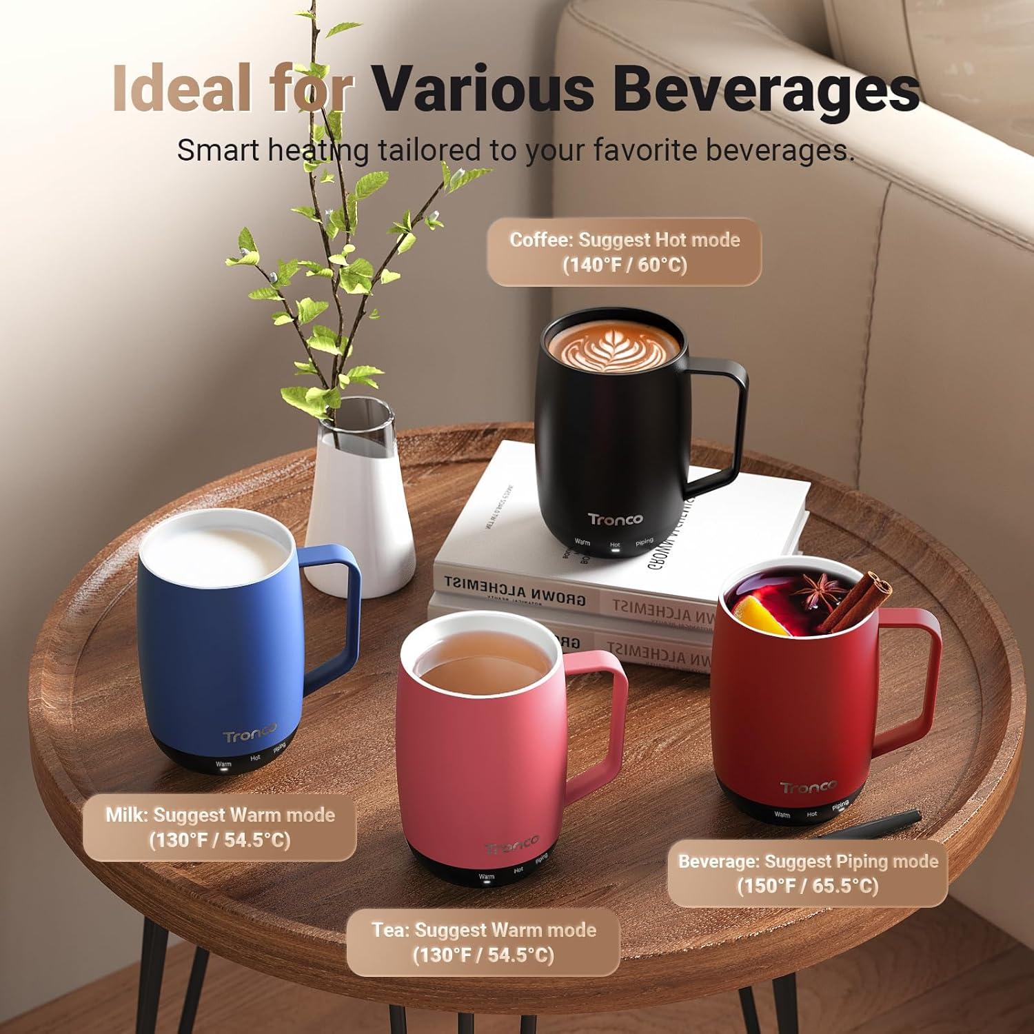 imageTronco Temperature Control Heated Coffee Mug 14 oz  Rechargeable SelfHeating Coffee Mug with Lid  Manual Control 3 Modes 130 Min Battery Life Auto ShutOff BlueBlue