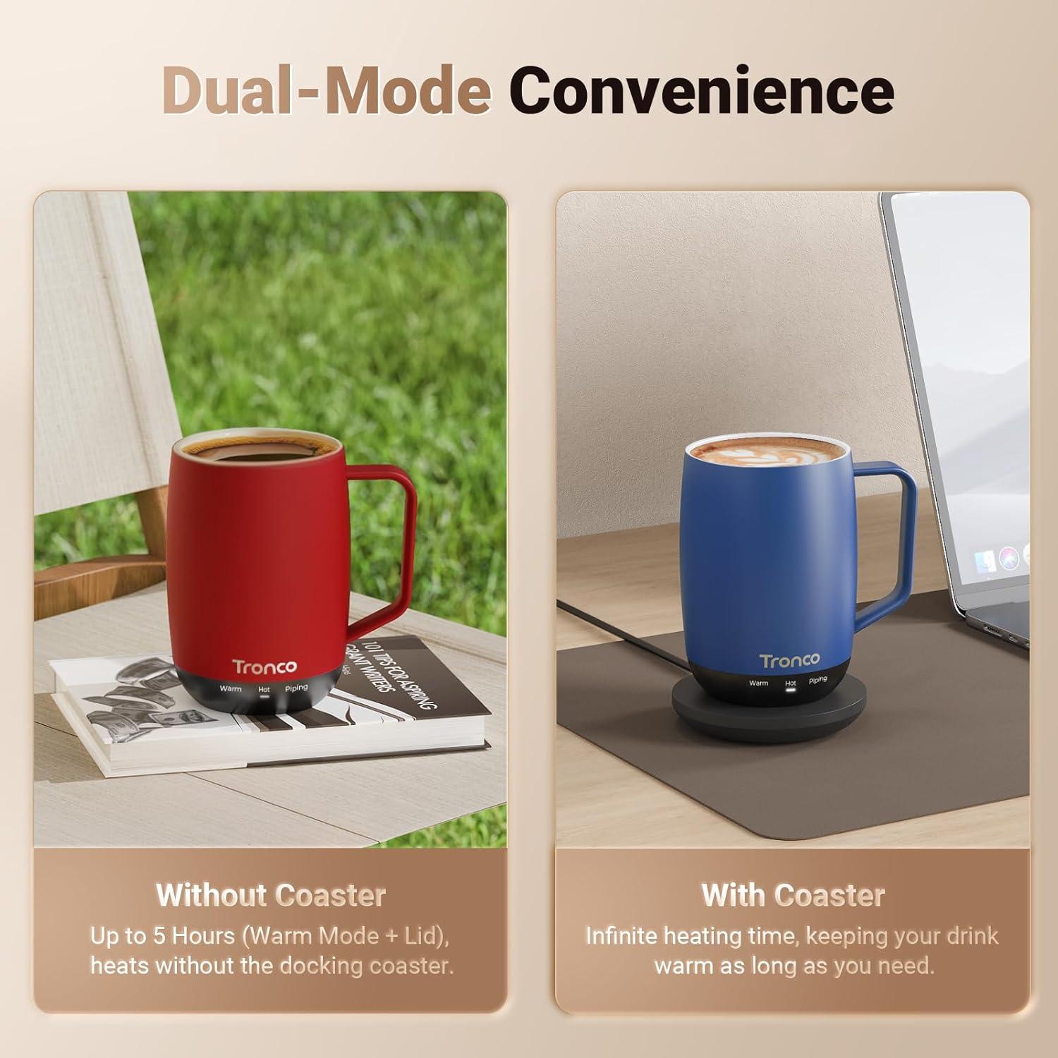 imageTronco Temperature Control Heated Coffee Mug 14 oz  Rechargeable SelfHeating Coffee Mug with Lid  Manual Control 3 Modes 130 Min Battery Life Auto ShutOff BlueBlue