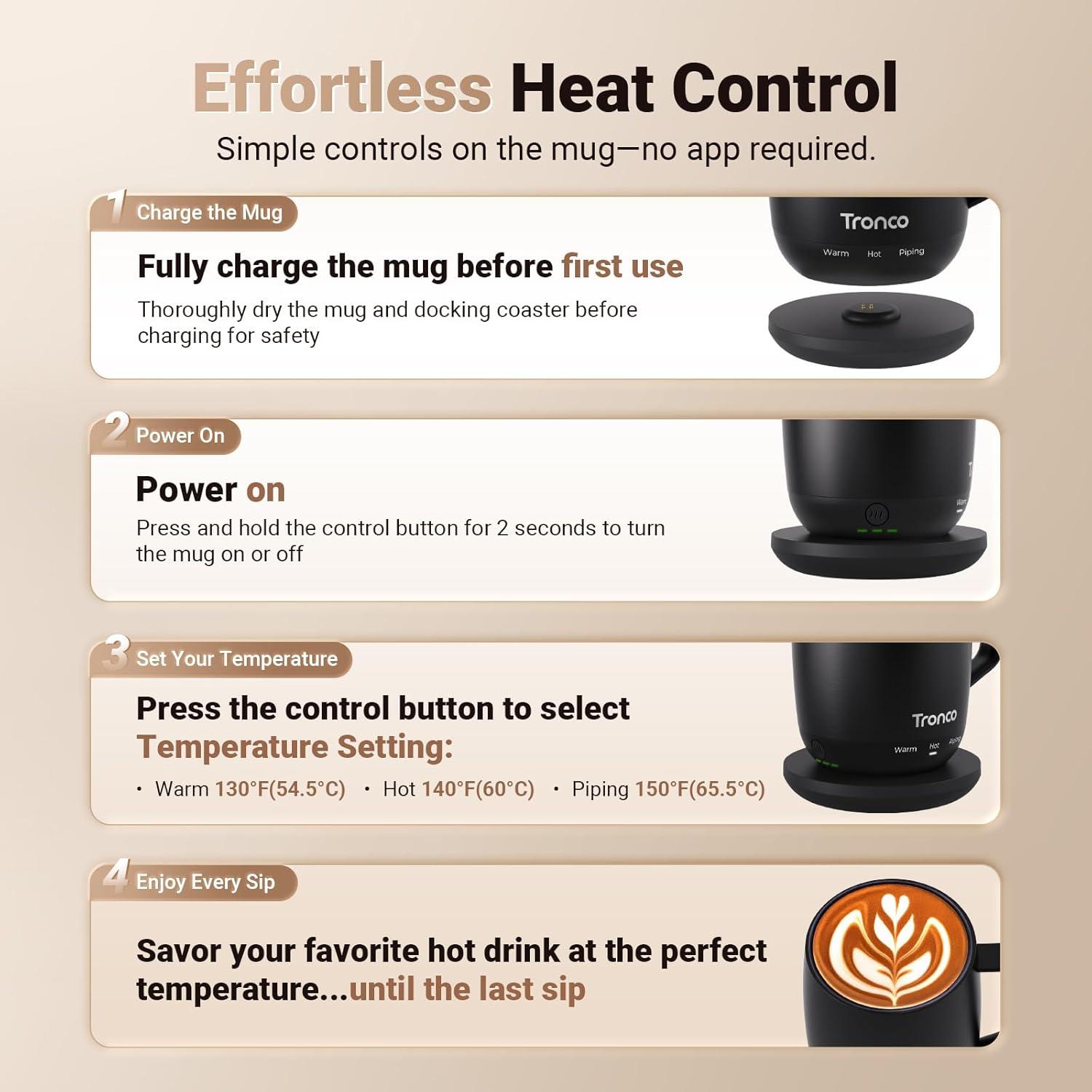 imageTronco Temperature Control Heated Coffee Mug 14 oz  Rechargeable SelfHeating Coffee Mug with Lid  Manual Control 3 Modes 130 Min Battery Life Auto ShutOff BlueBlue
