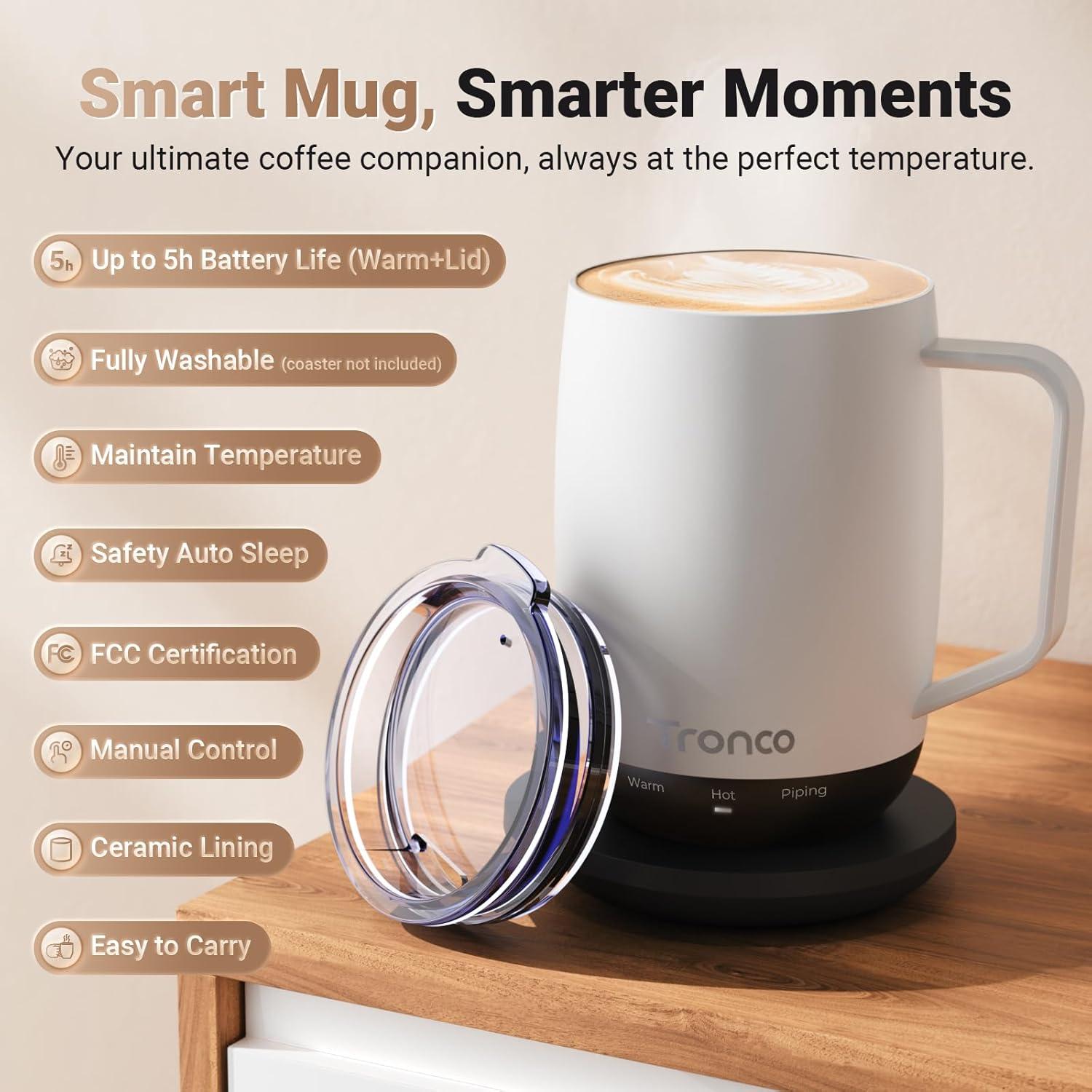 imageTronco Temperature Control Heated Coffee Mug 14 oz  Rechargeable SelfHeating Coffee Mug with Lid  Manual Control 3 Modes 130 Min Battery Life Auto ShutOff BlueBlue