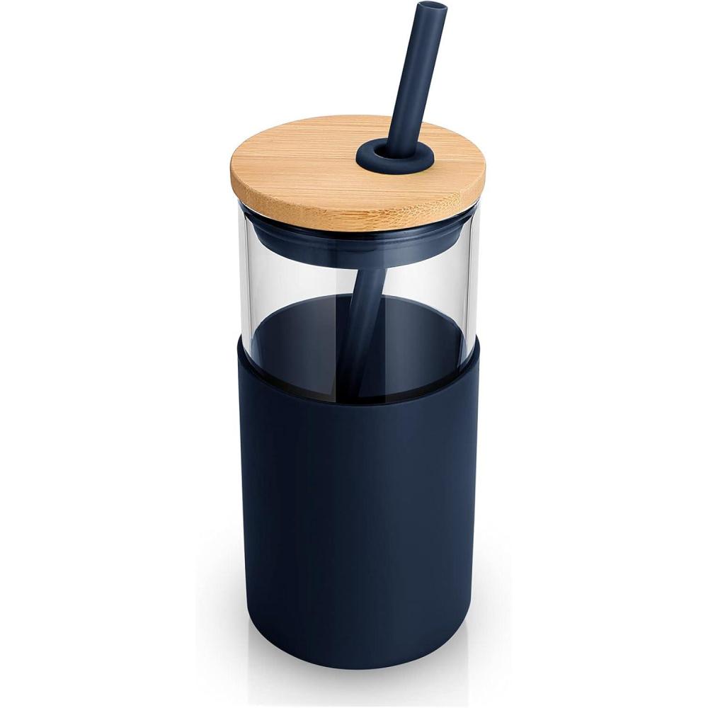 imageTronco 16 oz Glass Tumbler with Straw and Bamboo Lid Iced Coffee Cup Reusable Smoothie Cups Tumbler with Silicone Protective Sleeve  BPA FreeBlue Horizon