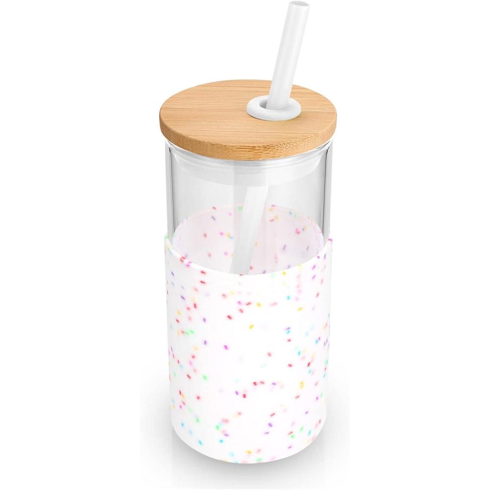 imageTronco 16 oz Glass Tumbler with Straw and Bamboo Lid Iced Coffee Cup Reusable Smoothie Cups Tumbler with Silicone Protective Sleeve  BPA FreeColored spots