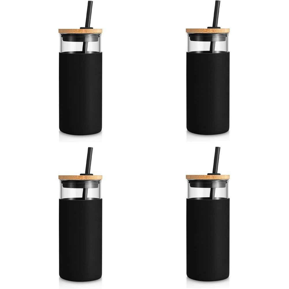 imageTronco 20 oz Glass Tumbler with Lid and Straw Iced Coffee Cup and Smoothie Cup with Bamboo Lids ampamp Protective Silicone Sleeve Dishwasher Safe BPAFree Glass Cup 2 PackBlack4Pack