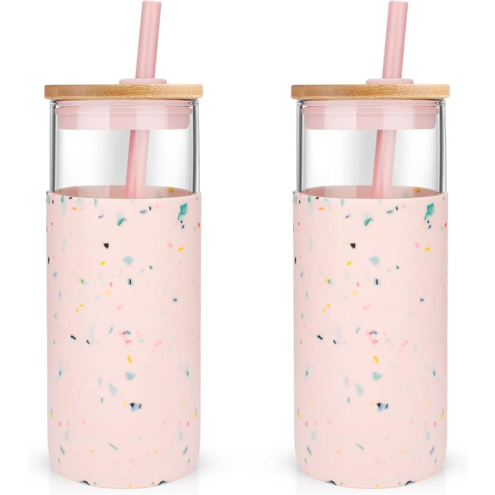 imageTronco 20 oz Glass Tumbler with Lid and Straw Iced Coffee Cup and Smoothie Cup with Bamboo Lids ampamp Protective Silicone Sleeve Dishwasher Safe BPAFree Glass Cup 2 PackTerrazzo Blush