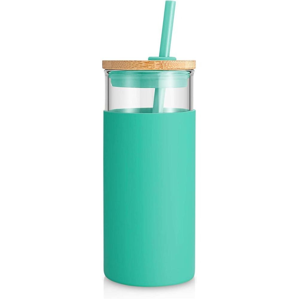 imageTronco 20 oz Glass Tumbler with Lid and Straw Iced Coffee Cup and Smoothie Cup with Bamboo Lids ampamp Protective Silicone Sleeve Dishwasher Safe BPAFree Glass Cup 2 PackGress