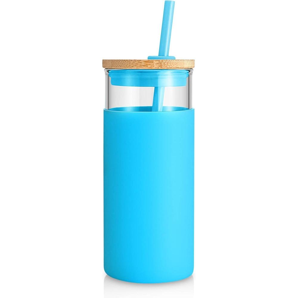 imageTronco 20 oz Glass Tumbler with Lid and Straw Iced Coffee Cup and Smoothie Cup with Bamboo Lids ampamp Protective Silicone Sleeve Dishwasher Safe BPAFree Glass Cup 2 PackCoral Blue