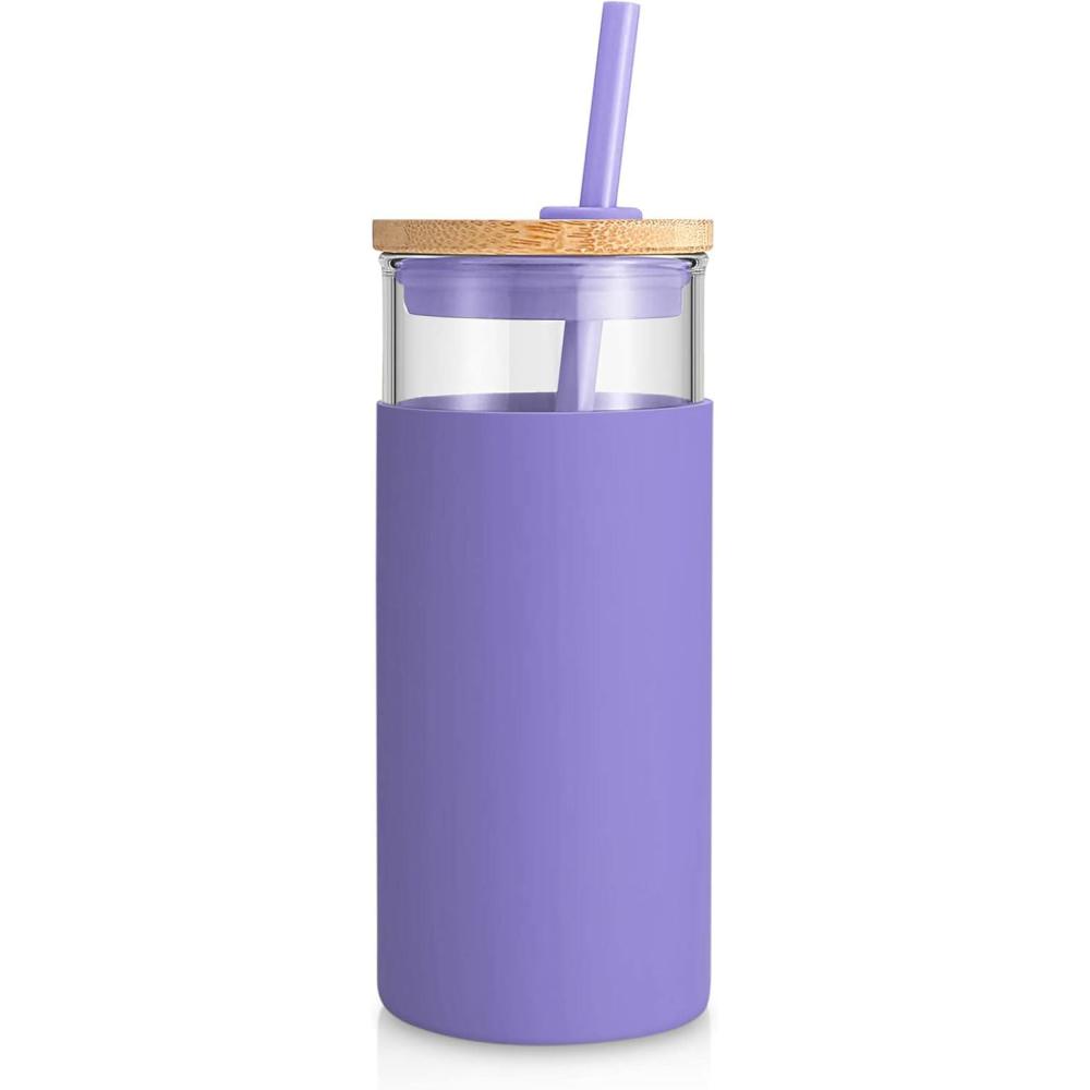 imageTronco 20 oz Glass Tumbler with Lid and Straw Iced Coffee Cup and Smoothie Cup with Bamboo Lids ampamp Protective Silicone Sleeve Dishwasher Safe BPAFree Glass Cup 2 PackLilac