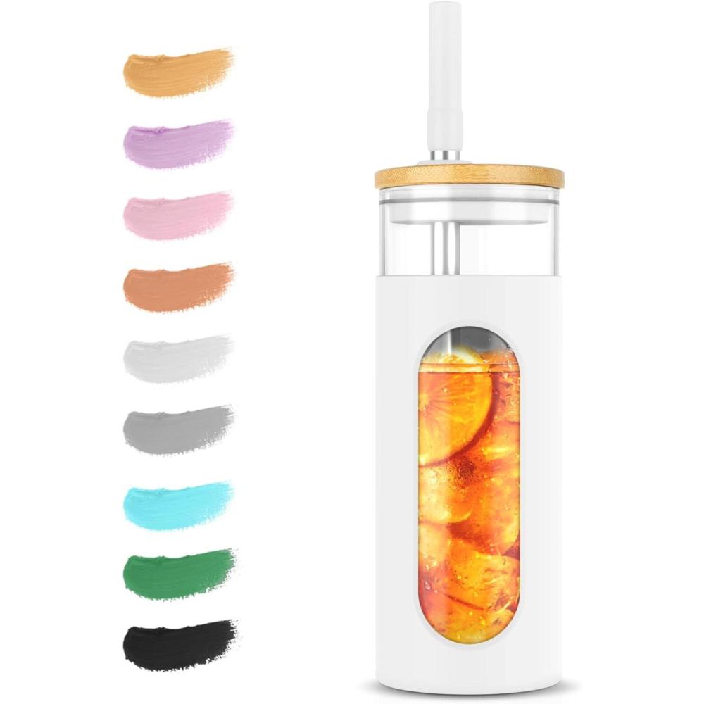 imageTronco 22oz Glass Tumbler with Bamboo Lid and Straw Reusable Iced Coffee Cup for Boba Tea Smoothies ampamp Cold Drinks SpillProof Glass Cup with Silicone Sleeve Dishwasher Safe BPAFree Pack of 1White