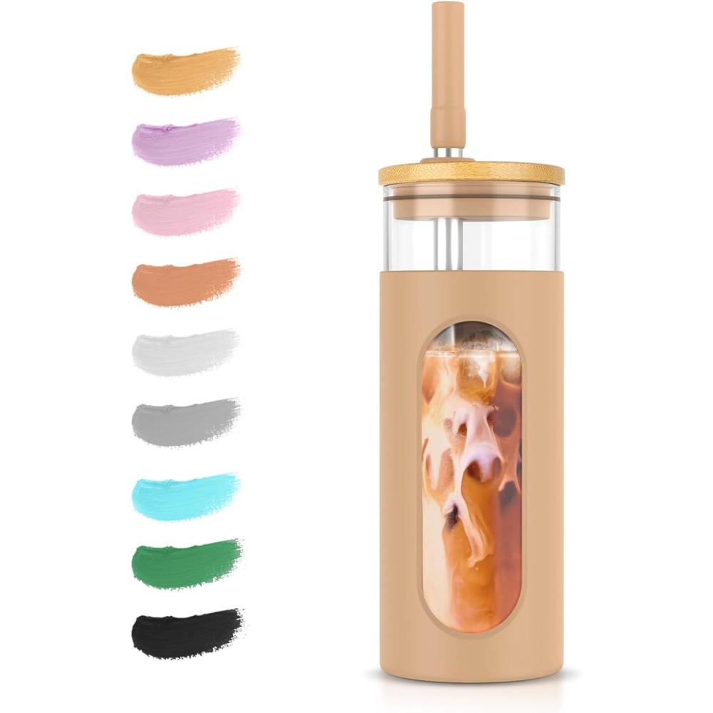 imageTronco 22oz Glass Tumbler with Bamboo Lid and Straw Reusable Iced Coffee Cup for Boba Tea Smoothies ampamp Cold Drinks SpillProof Glass Cup with Silicone Sleeve Dishwasher Safe BPAFree Pack of 1Amber
