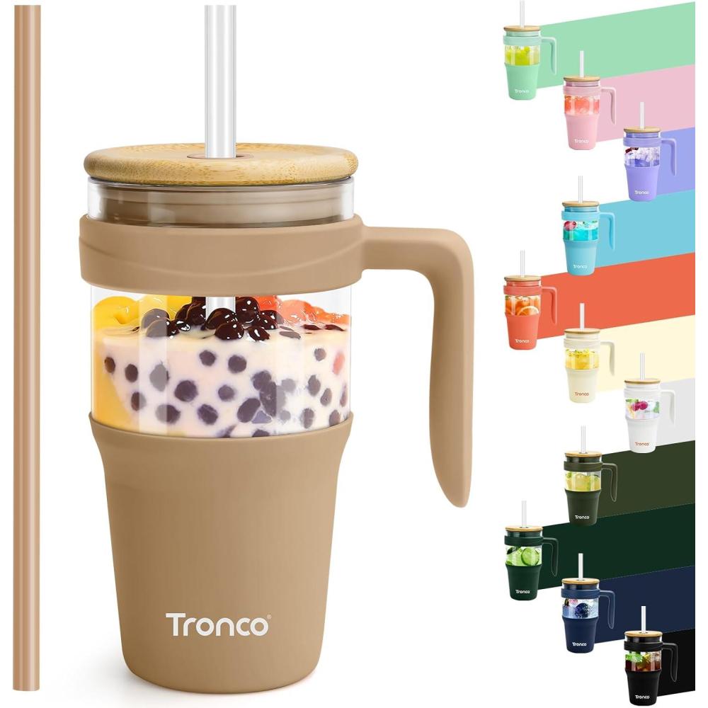 imageTronco 40 oz Glass Tumbler with Handle Bamboo Lid and Straw Fits Cup Holders Reusable Glass Water Bottles for Iced Coffee and Smoothie LeadFree BPAFreeKhakiBamboo