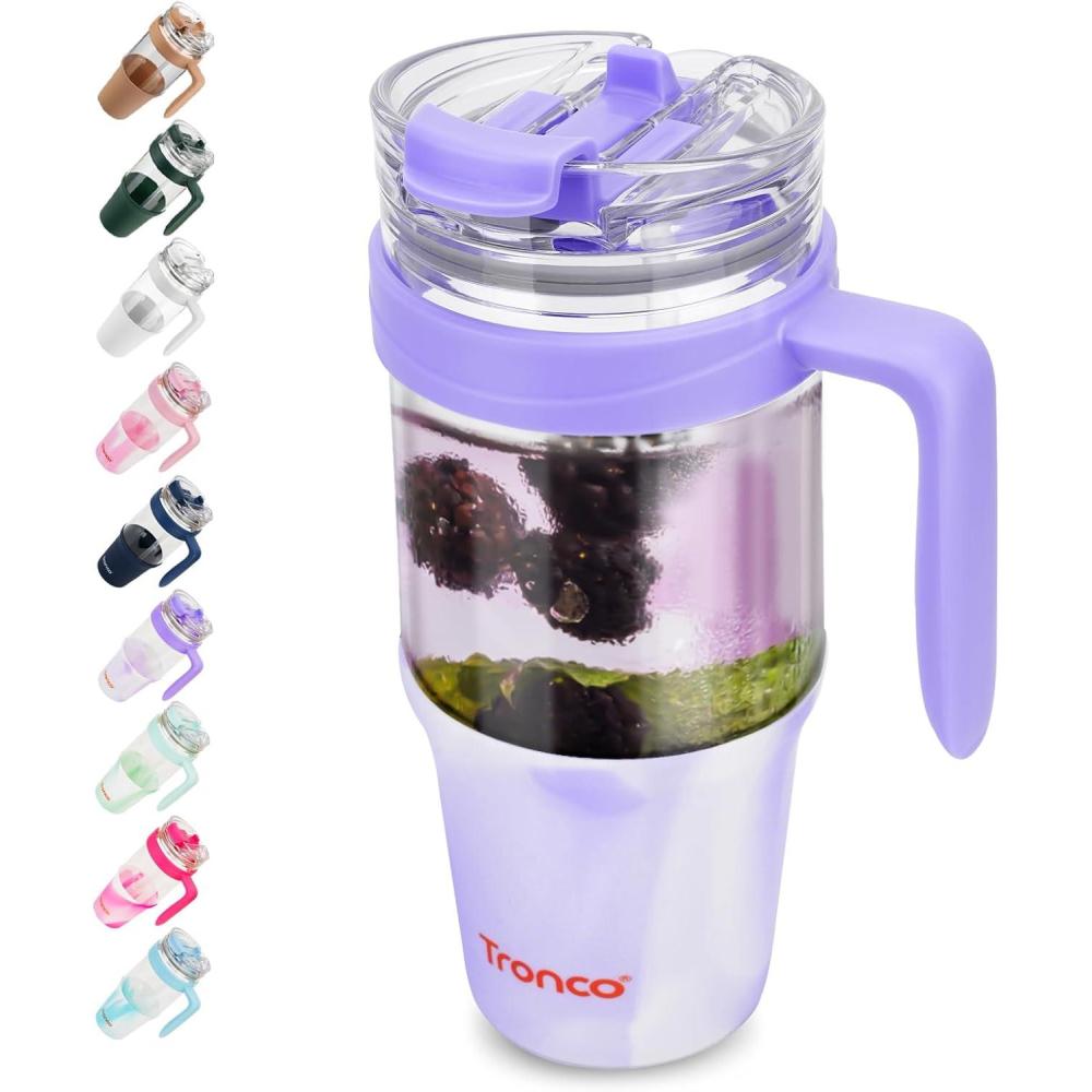 imageTronco 40 oz Glass Tumbler with Handle Bamboo Lid and Straw Fits Cup Holders Reusable Glass Water Bottles for Iced Coffee and Smoothie LeadFree BPAFreeMixedPurple