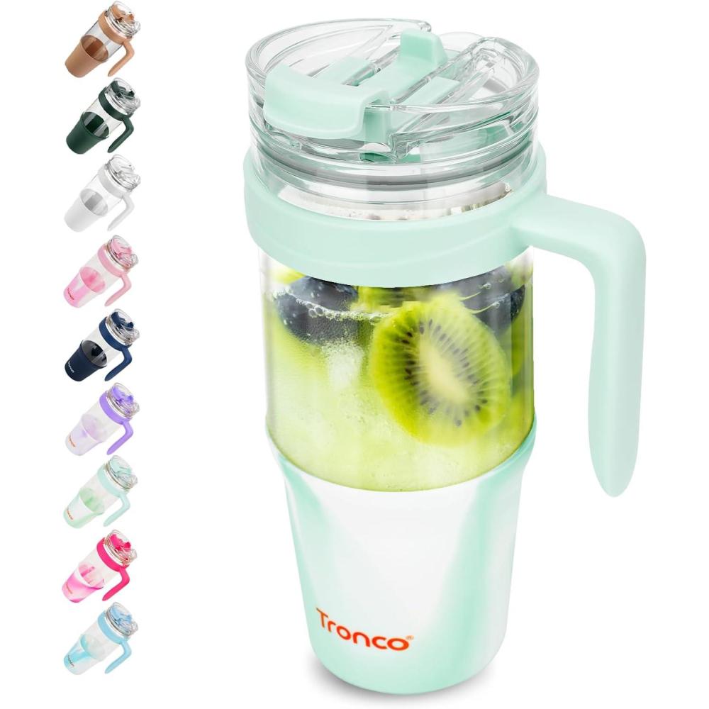 imageTronco 40 oz Glass Tumbler with Handle Bamboo Lid and Straw Fits Cup Holders Reusable Glass Water Bottles for Iced Coffee and Smoothie LeadFree BPAFreeMixedLight Green