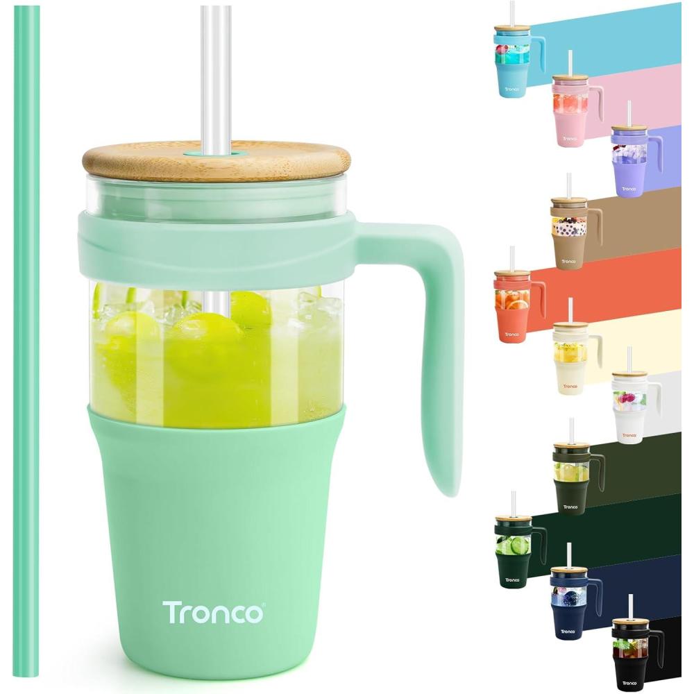 imageTronco 40 oz Glass Tumbler with Handle Bamboo Lid and Straw Fits Cup Holders Reusable Glass Water Bottles for Iced Coffee and Smoothie LeadFree BPAFreeLight GreenBamboo