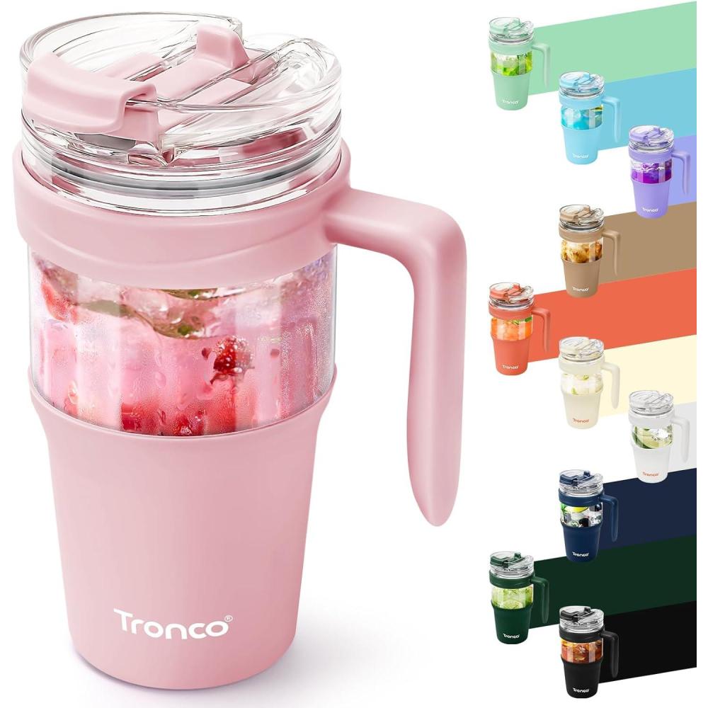 imageTronco 40 oz Glass Tumbler with Handle Bamboo Lid and Straw Fits Cup Holders Reusable Glass Water Bottles for Iced Coffee and Smoothie LeadFree BPAFreePink