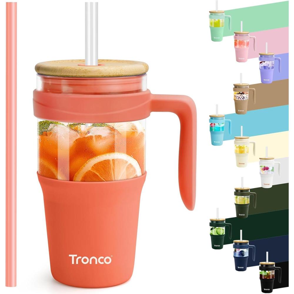 imageTronco 40 oz Glass Tumbler with Handle Bamboo Lid and Straw Fits Cup Holders Reusable Glass Water Bottles for Iced Coffee and Smoothie LeadFree BPAFreeCoral OrangeBamboo