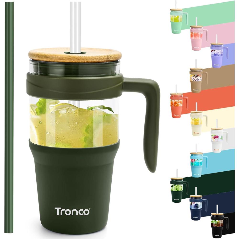 imageTronco 40 oz Glass Tumbler with Handle Bamboo Lid and Straw Fits Cup Holders Reusable Glass Water Bottles for Iced Coffee and Smoothie LeadFree BPAFreeOliveBamboo