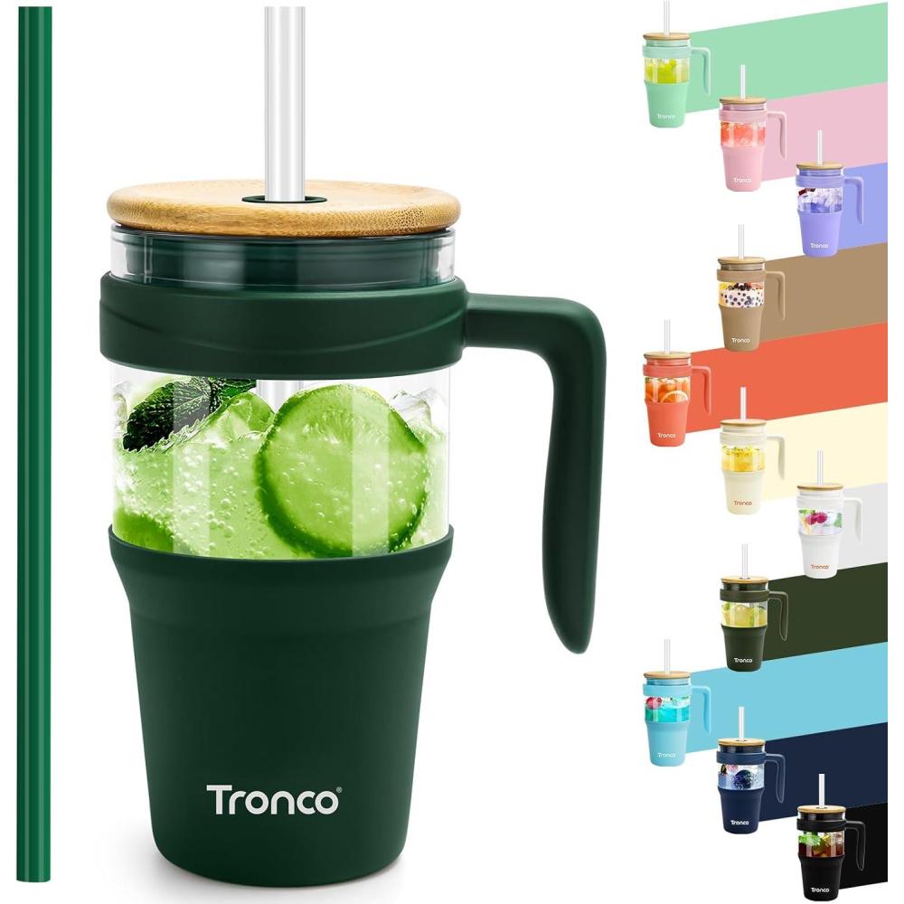 imageTronco 40 oz Glass Tumbler with Handle Bamboo Lid and Straw Fits Cup Holders Reusable Glass Water Bottles for Iced Coffee and Smoothie LeadFree BPAFreeGreenBamboo
