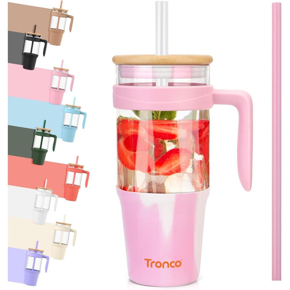 imageTronco 40 oz Glass Tumbler with Handle Bamboo Lid and Straw Fits Cup Holders Reusable Glass Water Bottles for Iced Coffee and Smoothie LeadFree BPAFreeMixedPinkBamboo
