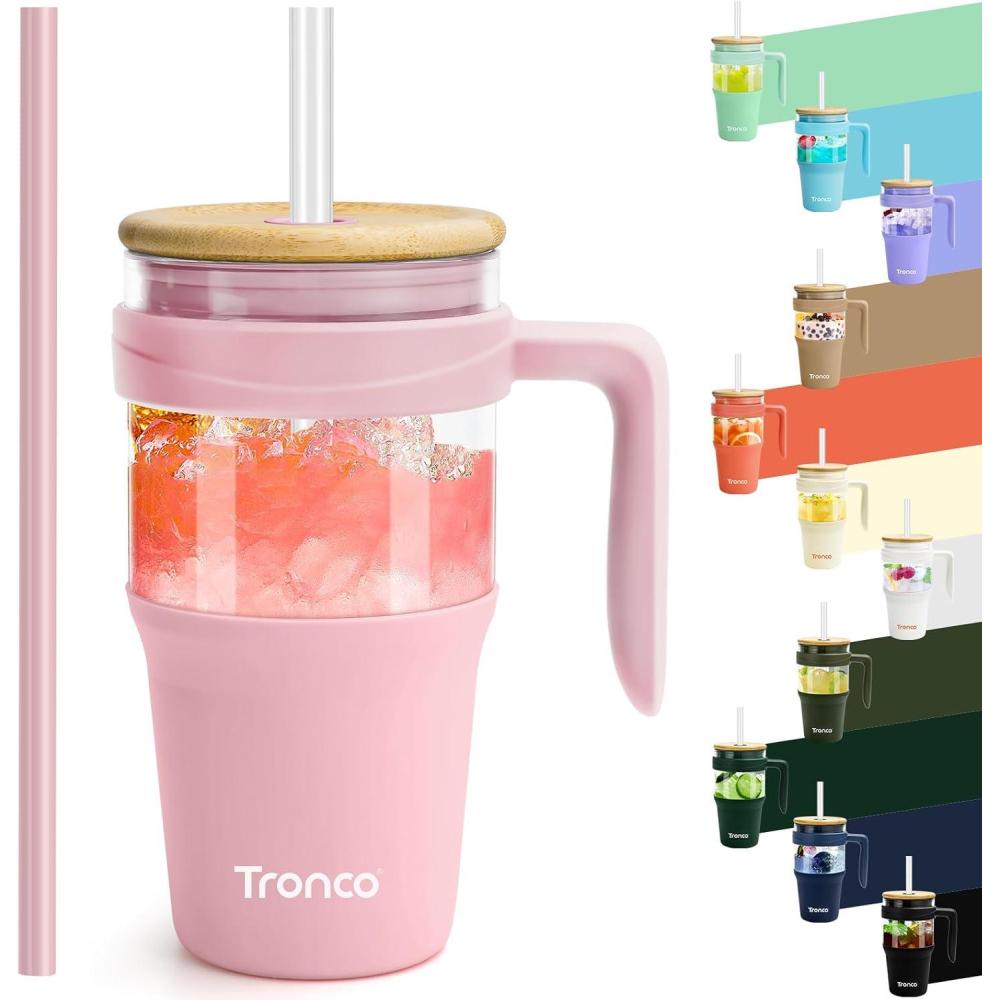 imageTronco 40 oz Glass Tumbler with Handle Bamboo Lid and Straw Fits Cup Holders Reusable Glass Water Bottles for Iced Coffee and Smoothie LeadFree BPAFreePinkBamboo