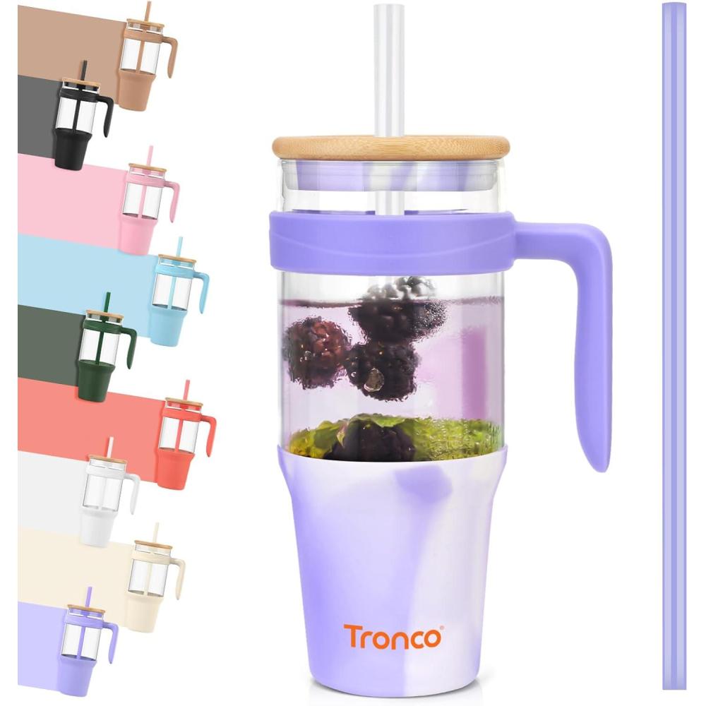 imageTronco 40 oz Glass Tumbler with Handle Bamboo Lid and Straw Fits Cup Holders Reusable Glass Water Bottles for Iced Coffee and Smoothie LeadFree BPAFreeMixedPurpleBamboo