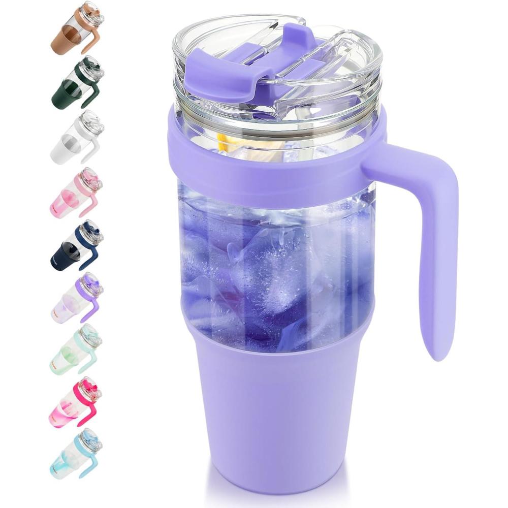 imageTronco 40 oz Glass Tumbler with Handle Bamboo Lid and Straw Fits Cup Holders Reusable Glass Water Bottles for Iced Coffee and Smoothie LeadFree BPAFreeLavender