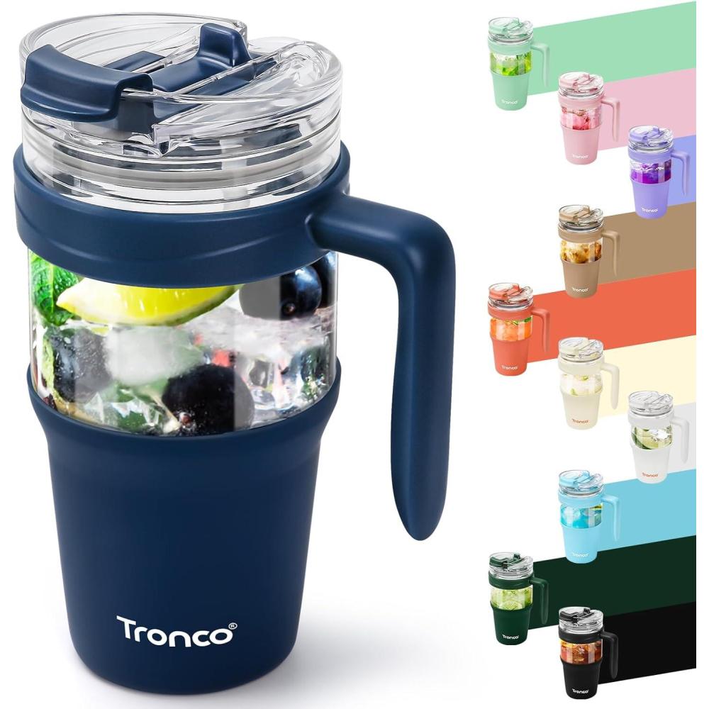 imageTronco 40 oz Glass Tumbler with Handle Bamboo Lid and Straw Fits Cup Holders Reusable Glass Water Bottles for Iced Coffee and Smoothie LeadFree BPAFreeNavy Blue