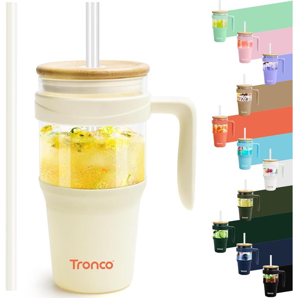 imageTronco 40 oz Glass Tumbler with Handle Bamboo Lid and Straw Fits Cup Holders Reusable Glass Water Bottles for Iced Coffee and Smoothie LeadFree BPAFreeCreamBamboo