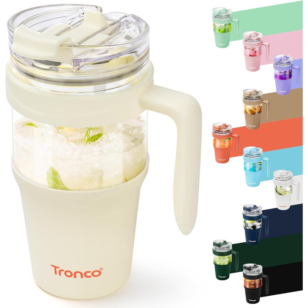 imageTronco 40 oz Glass Tumbler with Handle Bamboo Lid and Straw Fits Cup Holders Reusable Glass Water Bottles for Iced Coffee and Smoothie LeadFree BPAFreeCream