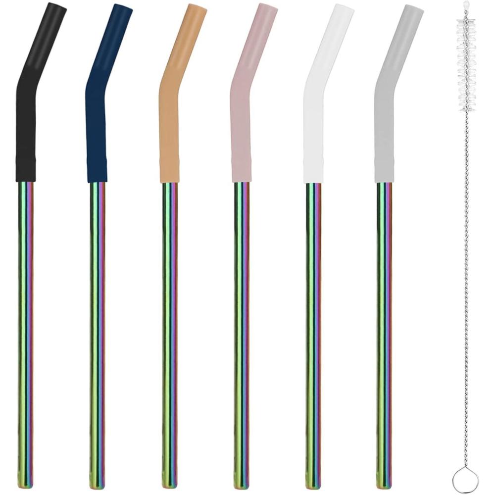 imageTronco Set of 6 Stainless Steel Reusable Metal Straws with Silicone Flex Tips Elbows Cover Metal Drinking Straws for Tronco Tumbler 6 Steel Straws6 Silicone Tips1 Straw Cleaning BrushIridescenceStainless Iridescence