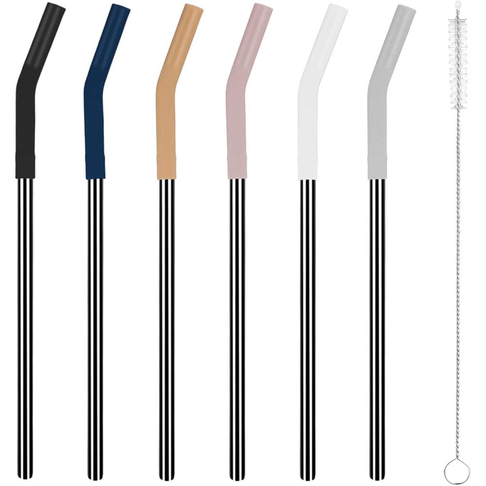 imageTronco Set of 6 Stainless Steel Reusable Metal Straws with Silicone Flex Tips Elbows Cover Metal Drinking Straws for Tronco Tumbler 6 Steel Straws6 Silicone Tips1 Straw Cleaning BrushStainless Back