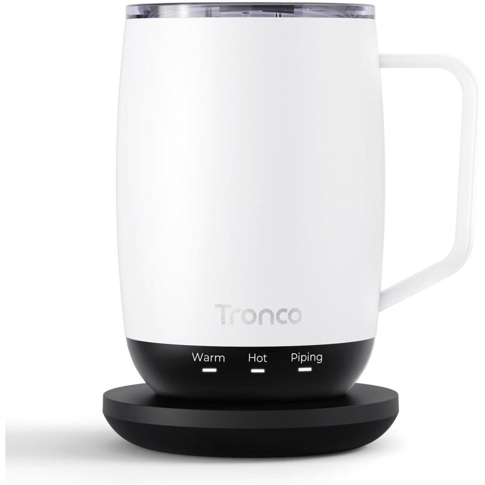 imageTronco Temperature Control Heated Coffee Mug 14 oz  Rechargeable SelfHeating Coffee Mug with Lid  Manual Control 3 Modes 130 Min Battery Life Auto ShutOff BlueWhite