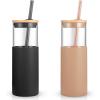 imageTronco 16 oz Glass Tumbler with Straw and Bamboo Lid Iced Coffee Cup Reusable Smoothie Cups Tumbler with Silicone Protective Sleeve  BPA FreeBlack Amber2 Pack