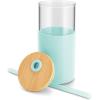 imageTronco 16 oz Glass Tumbler with Straw and Bamboo Lid Iced Coffee Cup Reusable Smoothie Cups Tumbler with Silicone Protective Sleeve  BPA FreeBlessed Blue