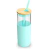 imageTronco 16 oz Glass Tumbler with Straw and Bamboo Lid Iced Coffee Cup Reusable Smoothie Cups Tumbler with Silicone Protective Sleeve  BPA FreeBlessed Blue