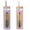 imageTronco 22oz Glass Tumbler with Bamboo Lid and Straw Reusable Iced Coffee Cup for Boba Tea Smoothies ampamp Cold Drinks SpillProof Glass Cup with Silicone Sleeve Dishwasher Safe BPAFree Pack of 1PinkPurple