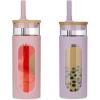 imageTronco 22oz Glass Tumbler with Bamboo Lid and Straw Reusable Iced Coffee Cup for Boba Tea Smoothies ampamp Cold Drinks SpillProof Glass Cup with Silicone Sleeve Dishwasher Safe BPAFree Pack of 1PinkPurple